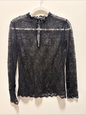Theory Black Sheer Lace Long-Sleeve Top No Undershirt Petite